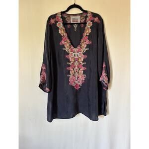 Johnny Was Tunic Top Blouse 1X Blue Embroidered Floral Vneck Satin